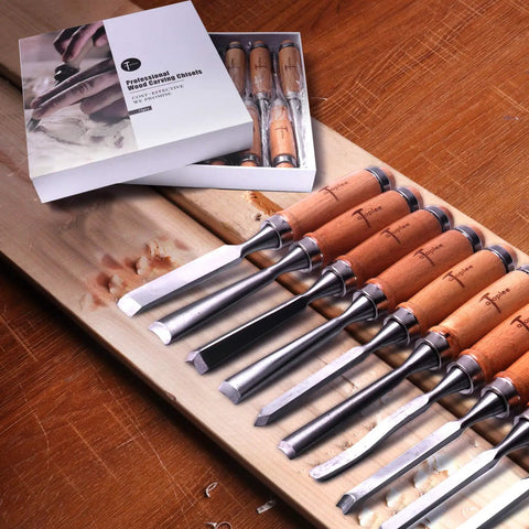 12 Piece Wood Carving Chisel Set With Roll Up Bag And Box Pro Woodworking Gouge Tools For Carpenters And Craftsmen displayed on board