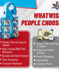 Comparison of colored battery terminal clamps set with red positive and blue negative anode tops against inferior clamps
