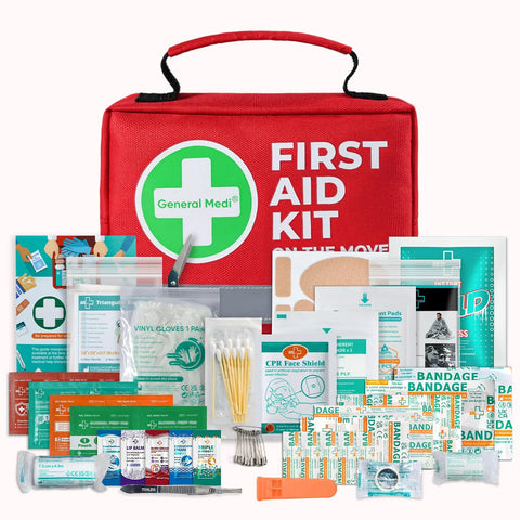 Front view of a red General Medi 150-piece first aid kit bag with logo, surrounded by assorted medical supplies