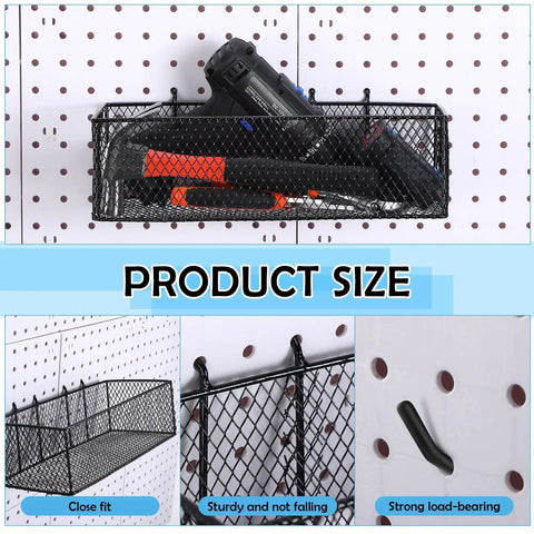 8 Pack Pegboard Baskets And Racks Set Square Style Wire Shelf Baskets for organizing tools on pegboard, black, side view