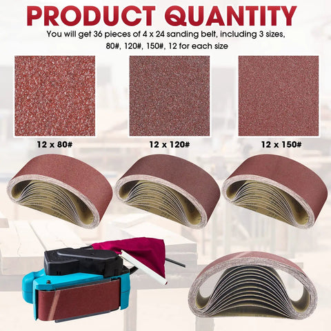 Heavy Duty 36 Pack 4X24 Sanding Belts Aluminum Oxide Abrasive Strips Assorted Grits 80 120 150 displayed with sanding tool.