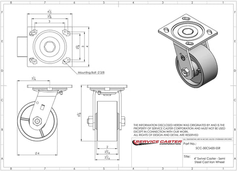 Technical diagram of Heavy Duty Swivel Top Plate Caster, semi steel cast iron, four-inch wheel, suitable for industrial equipment.