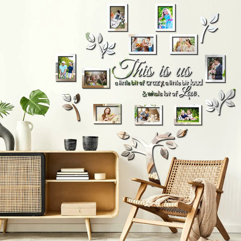 Family Tree Wall Decor 3D Mirror Sticker Kit With Photo Frames And Acrylic Tree Decal Removable Wall Art This Is Us Quote