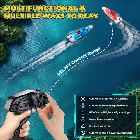 12-Inch Remote Control Boat For Kids And Adults, Beast Fast 25 KPH RC Speed Boat racing with a remote in hand