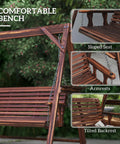 Three Seat Outdoor Porch Swing With Stand And Side Tables, Wooden Patio Swing Bench With Steel Chains showing sloped seat and armrests