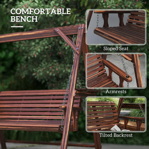Three Seat Outdoor Porch Swing With Stand And Side Tables, Wooden Patio Swing Bench With Steel Chains showing sloped seat and armrests