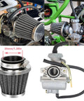 Carburetor Kit for 50cc to 125cc 4 Stroke ATVs Quad Go Karts Dirt Bikes With Air Filter and Fuel Filter Beef Up Performance Direct Fit Replacement for Most 4 Stroke Engines Under 125cc, showing components and installed views