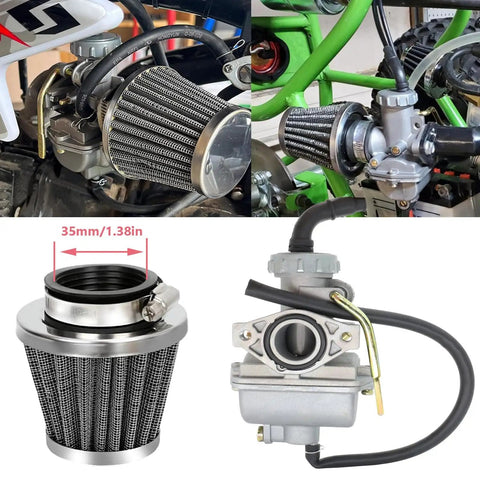 Carburetor Kit for 50cc to 125cc 4 Stroke ATVs Quad Go Karts Dirt Bikes With Air Filter and Fuel Filter Beef Up Performance Direct Fit Replacement for Most 4 Stroke Engines Under 125cc, showing components and installed views