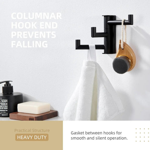Super Slick Swivel Towel Hook With Three Turning Arms Matte Black Wall Mount Coat Rack displaying towel and bath accessory.