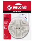 5 Ft White Adhesive Hook And Loop Tape Roll Cut To Length in packaging for easy install on smooth surfaces shown