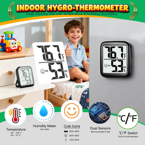 2 Pack Indoor Thermometer And Hygrometer With Real Time Temperature And Humidity Readings, Dual Sensors For More Accurate Monitoring, Wide Range From -58 To 158 F Or -50 To 70 C, 10% To 99% RH For Home And Office. Bedroom display