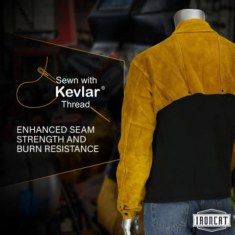 Heavy Duty Cowhide Leather Welding Cape Jacket Built Tough To Kick Some Serious Spatter And Block Extreme Heat, featuring Kevlar seams.