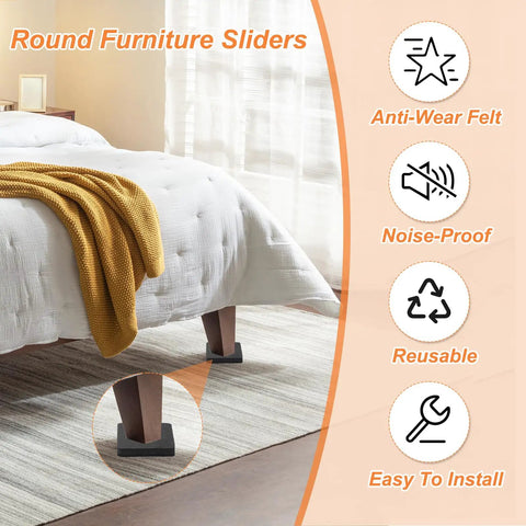 5 Inch Felt Furniture Sliders Square Movers 8 Pack Reusable FloorProtectors for furniture legs on a bed, showing felt material.