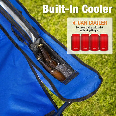 Two Pack Heavy Duty Folding Camping Chairs With 4 Can Cooler Bag And Cup Holder, showing built-in cooler with bottles