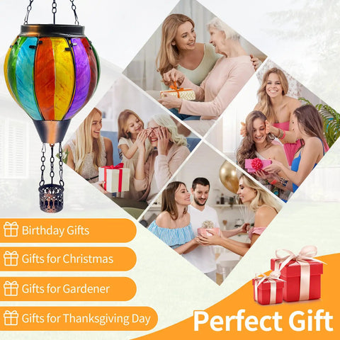 Colorful Hot Air Balloon Solar Lantern with Flickering Flame Light shown as a perfect gift for various occasions in photos.