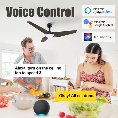 Kitchen with 52 Inch Smart Ceiling Fan With Light In Dark Walnut, 3 Blade Low Profile Ceiling Fan, App Alexa Voice Control