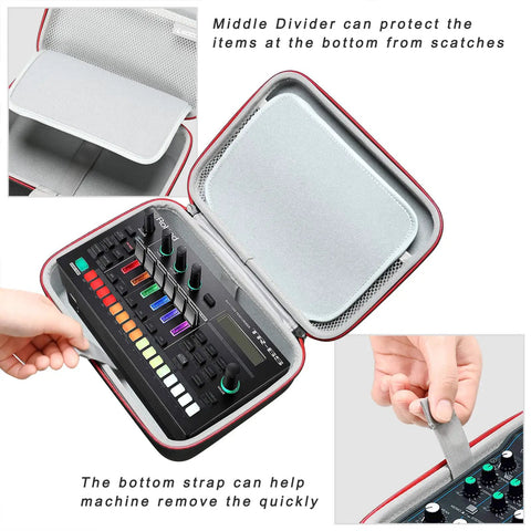 Hard Carrying Case For MC-101 And TR-6S Compact Music Production Station, Black Case Only, open with accessories inside.