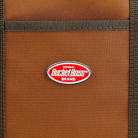 Close-up of brown Cable Bag For Trucks And Rigs with logo, featuring web carry handles and exterior pocket detail.