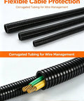 Heavy Duty Flexible Corrugated Conduit For Cable Protection Built From Pa66 Nylon Or Polyethylene that shows three sizes of black tubing and insulated wires.
