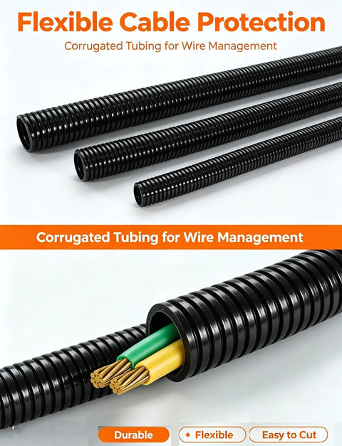 Heavy Duty Flexible Corrugated Conduit For Cable Protection Built From Pa66 Nylon Or Polyethylene that shows three sizes of black tubing and insulated wires.