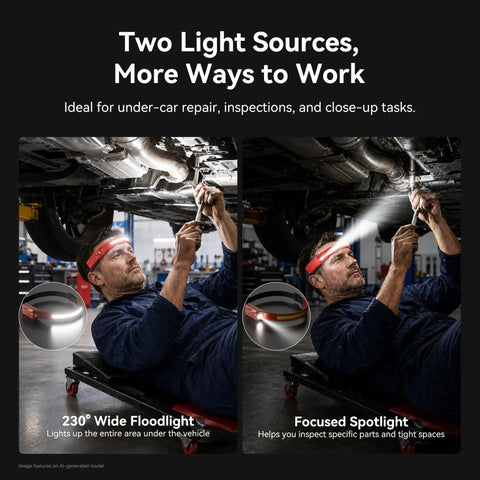 Mechanic using Rechargeable Headlamp With 1200 Lumens COB LED Beam, 230 Degree Wide Beam And Side Spot Light, under vehicle repair