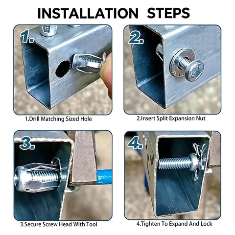 Installation steps for Complete Button Rivet Locking Nuts Assortment Kit Featuring M4 M5 M6 M8 Sizes on metal frame.