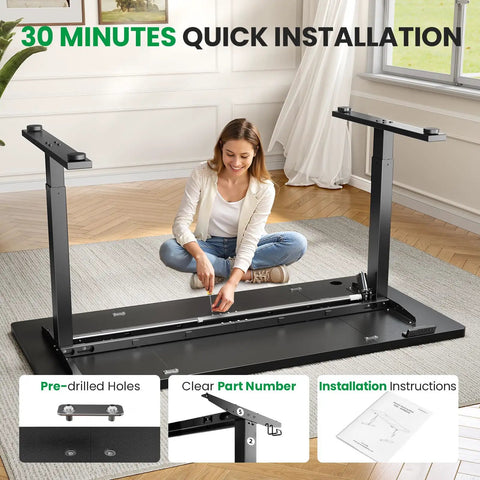 Woman assembling Electric Standing Desk 60x28 Inch Sit Stand Desk With 1 Inch Thick Top, Heavy Duty Double Beam Frame