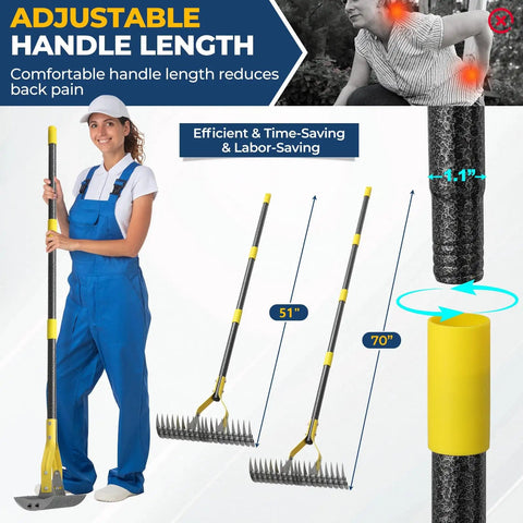 Adjustable 70 Inch Heavy Duty Metal Dethatcher Rake with 15 Inch Wide Double Edged Sharp Tines for Lawn and Yard Care