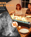 Happy couple dining with Tabletop Propane Fire Pit 50k BTU For Patio And Camping 36 Inch Long Fire Pit Table, glass wind guard.