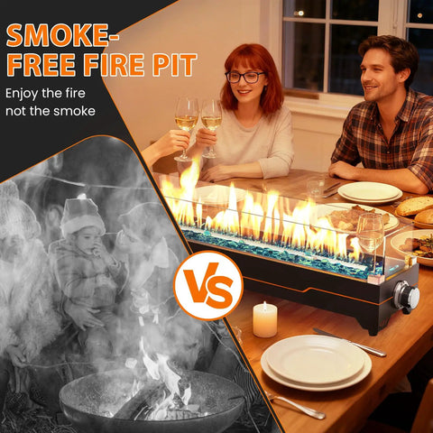 Happy couple dining with Tabletop Propane Fire Pit 50k BTU For Patio And Camping 36 Inch Long Fire Pit Table, glass wind guard.