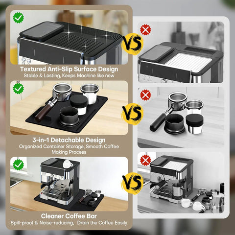 Three In One Silicone Coffee Mat For Home Espresso Machines 23 By 15 Inches With Raised Edge Anti Slip Heat Resistant Top Mat And Detachable Drying Pad Fits Ninja Luxe ES601 ES701 And Most Home Espresso Makers shown in use with espresso machines on counter with accessories organized.