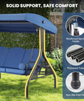 Blue three seat outdoor porch swing with adjustable canopy and stand, showing reinforced spring hooks, thickened tube, and non-slip foot pad.