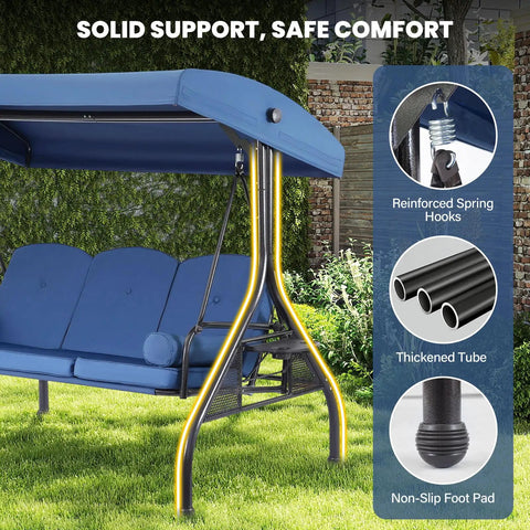 Blue three seat outdoor porch swing with adjustable canopy and stand, showing reinforced spring hooks, thickened tube, and non-slip foot pad.