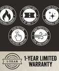 Icons highlighting features of Two-Burner Propane Camp Stove With InstaStart Ignition And Wind Guards, 22,000 BTUs, and 1-year warranty