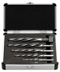 Five Piece M2 HSS Taper Chucking Reamer Drill Bit Set With 3/8 Inch, 1/2 Inch, 5/8 Inch, 3/4 Inch And 13/16 Inch Sizes displayed in case