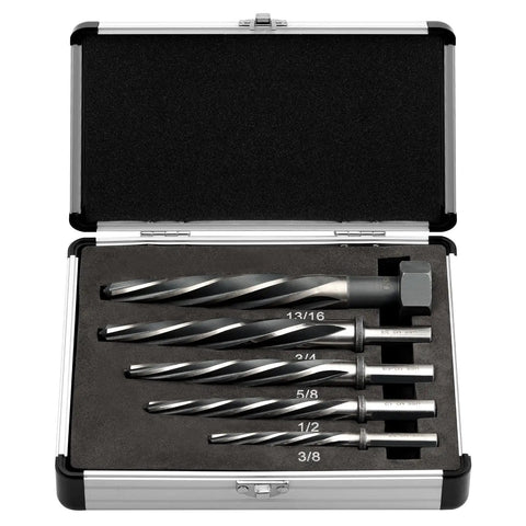 Five Piece M2 HSS Taper Chucking Reamer Drill Bit Set With 3/8 Inch, 1/2 Inch, 5/8 Inch, 3/4 Inch And 13/16 Inch Sizes displayed in case