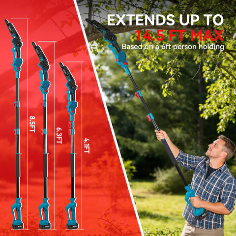 Person using Six In One Cordless Pole Saw And Hedge Trimmer With Long Reach Telescopic Pole For Tree Trimming And Bush Pruning.