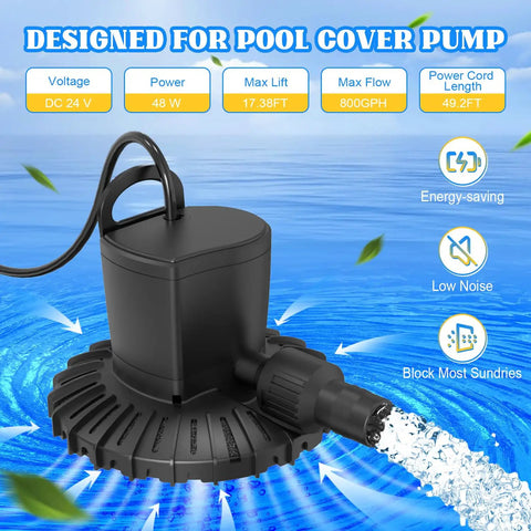 Pool Cover Pump 3000 LPH Automatic On Off Submersible Water Pump with hose attachments and 49ft power cord on blue water