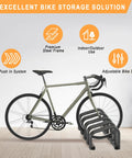 Side view of Five Bike Floor Rack For Garage Storage Heavy Duty Bicycle Stand For Indoor Outdoor Use Fits 22 To 28 Inch Wheels And Up To Two Point One Inch Wide Tires Durable Rust Resistant Metal Stable Bike Parking with a bike.