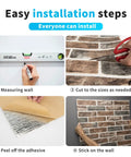 Installation steps for Peel And Stick Faux Brick 3D Wall Panels 10 Pack 52.5 Sq Ft in Gray Brown shown with images and text instructions