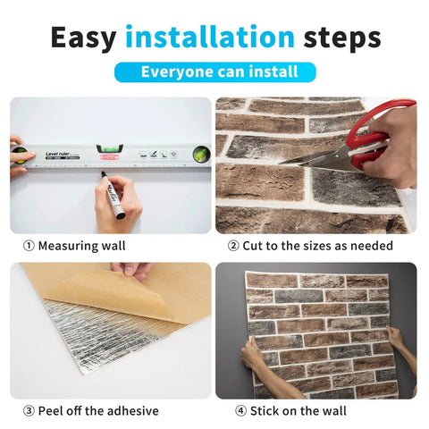 Installation steps for Peel And Stick Faux Brick 3D Wall Panels 10 Pack 52.5 Sq Ft in Gray Brown shown with images and text instructions