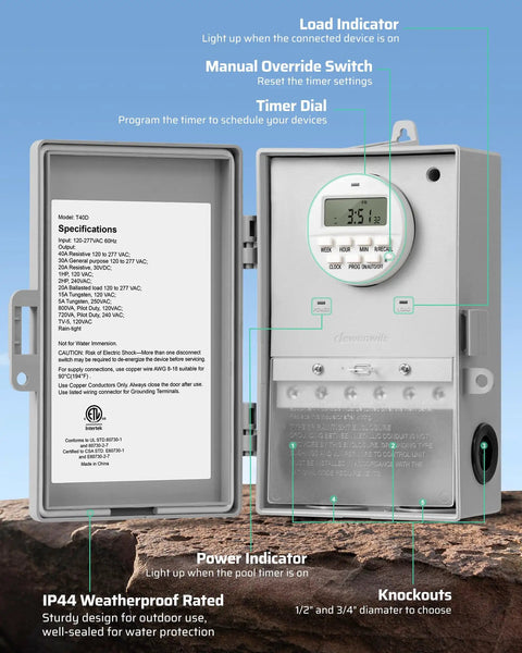 Open Heavy Duty No-Fuss 2HP Pool Timer Box With 7 Day Scheduling, showing internal specs and digital display.