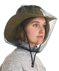 Woman wearing a gray lightweight Mosquito Head Net With Drawstring Extra Fine Mesh Breathable Shield For Camping Hiking Fishing Fits All Hats