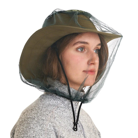 Woman wearing a gray lightweight Mosquito Head Net With Drawstring Extra Fine Mesh Breathable Shield For Camping Hiking Fishing Fits All Hats