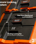 Close-up of Modbox Three Drawer Rolling Toolbox with dual lock locations and nesting locking bar for secure storage.