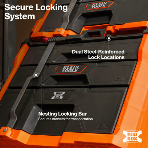 Close-up of Modbox Three Drawer Rolling Toolbox with dual lock locations and nesting locking bar for secure storage.