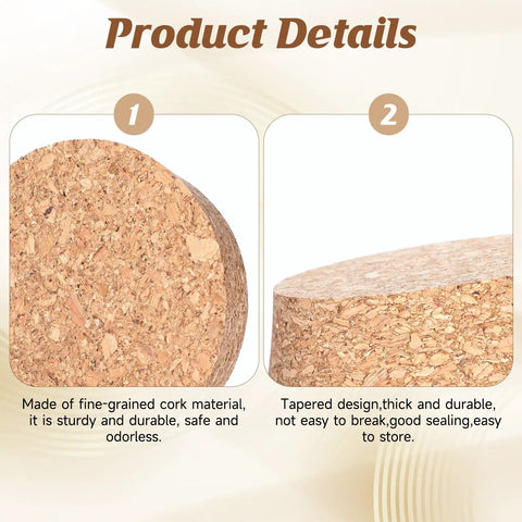Two Pack Cork Bottle Stoppers Set For Jars And Glass Bottles, close-up of fine-grained cork material and tapered design