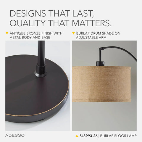 Arc Floor Lamp With Burlap Round Shade And Antique Bronze Base, 68 Inch Tall, close-up of base and shade design.