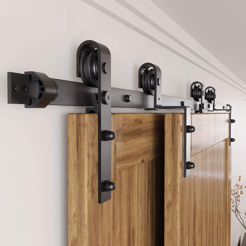 Black Rustic Single Track Bypass Sliding Barn Door Hardware Kit For Double Doors 11Ft Flat Track With Classic Roller Design installed.