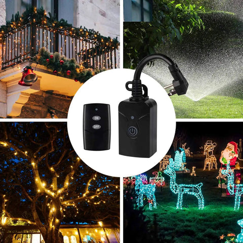 Outdoor Indoor Wireless Remote Control 3 Prong Outlet Kit Weatherproof Heavy Duty 15 Amp with holiday lighting and remote